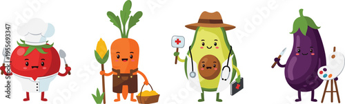 Cute vegetable professions characters collection with tomato chef carrot farmer avocado doctor and eggplant artist vector set