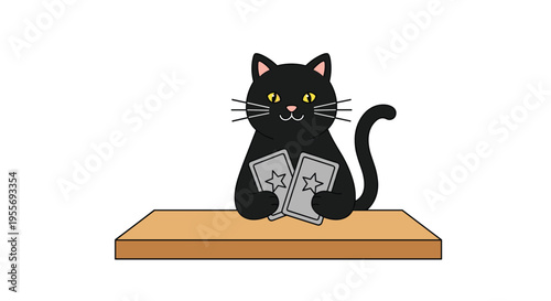 Abstract black cat holding two star cards vector paper-cut style illustration with depth on white