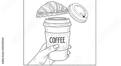 Barista POV coffee pouring microfoam vector line art with croissant and tamper on white background