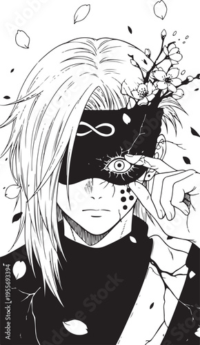 Vector illustration of anime-style character with blindfold and cherry blossoms