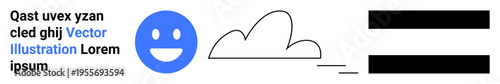 Communication, positivity, technology, minimalism, digital art, design. happy face, cloud and horizontal bars against text elements. Communication and positivity concepts
