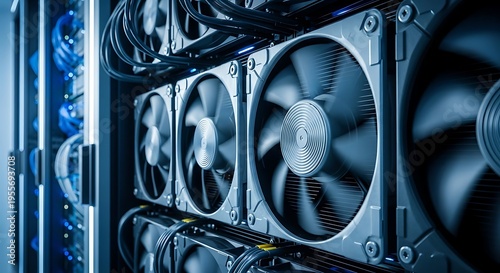 Close-up view of a row of powerful cooling fans inside a modern data center server rack ensuring optimal temperature control.