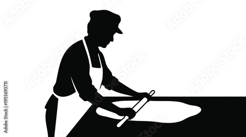 Black and white silhouette of a cook preparing dough using a rolling pin, showcasing the art of baking and food creation