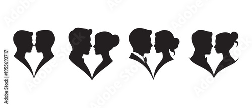 Couples Silhouettes Forming Heart Shapes on White Background, Flat Design Vector Illustration.