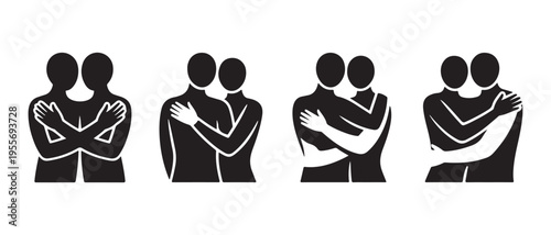 Minimalist flat design silhouettes of two people embracing, symbolizing human connection, support, and friendship vector illustration.