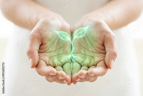Hands holding glowing green seedling representing growth and nature  