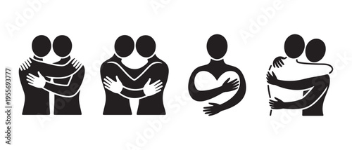 Collection of Hugging and Self-Embrace Silhouettes in Minimalist Flat Design Vector Illustration.