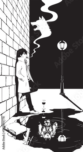 Black and white vector illustration of a woman smoking by a streetlight