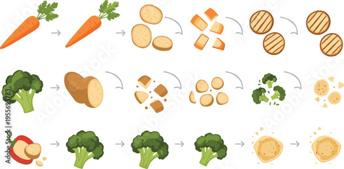 Vegetable processing steps collection with carrot potato broccoli slicing cooking and preparation process vector illustration set