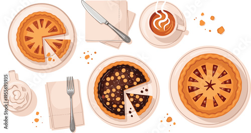 Top view pie table scene with coffee napkins and sliced desserts cozy bakery food vector illustration set
