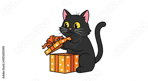 Cute cartoon black cat peeking out of a decorative blue gift bag with a red bow vector