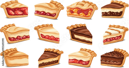 Assorted pie slices collection with fruit and chocolate fillings bakery dessert food vector illustration set