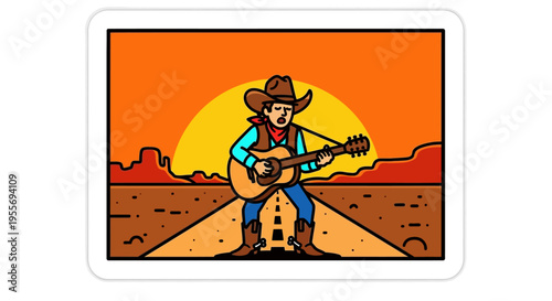 A cowboy plays guitar on a desert road at sunset.