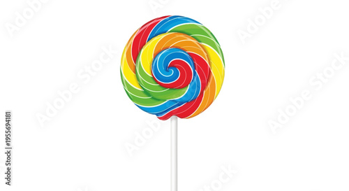 Vibrant rainbow swirl lollipop on a clean white background.