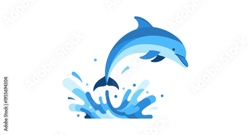 Stylized blue dolphin jumps out of water splash