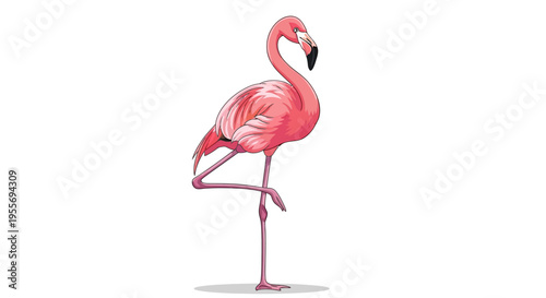 A vibrant pink flamingo stands gracefully on one leg against a white background.