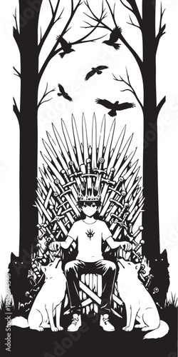 Vector illustration of a shirtless man sitting on a throne made of swords with dogs and trees