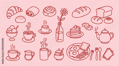 Whimsical red outline bistro food icons on pink background for menu design