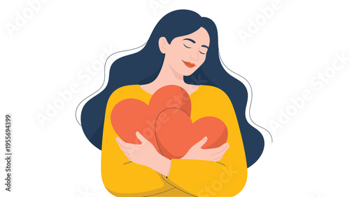flat illustration of woman holding heart self love care compassion mental health concept female character kindness and emotional wellbeing