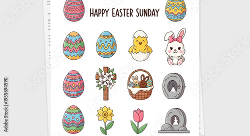 Vibrant collection of cheerful Easter holiday illustrations, featuring decorative eggs, cute bunny, and spring flowers, perfect for joyous seasonal celebrations