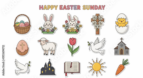 A delightful collection of charming Easter Sunday icons and whimsical spring symbols, perfect for celebrating the holiday season with joy and tradition