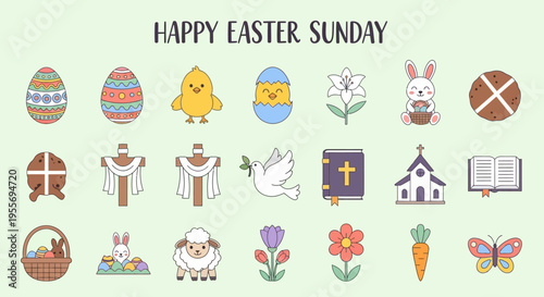 Happy Easter Sunday collection of festive icons featuring eggs, bunnies, chicks, lilies, and religious symbols for joyful celebrations and decorations