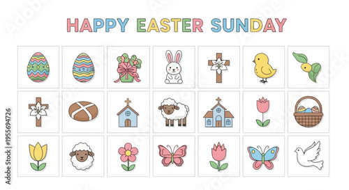 Happy Easter Sunday Collection of Festive Icons Including Eggs, Bunnies, and Spring Flowers