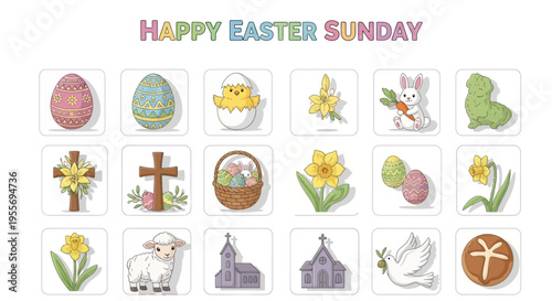 Delightful collection of vibrant Easter and spring holiday icons, featuring traditional symbols and seasonal elements for festive celebrations