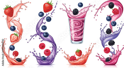 Berry juice splashes collection with strawberry blueberry raspberry and blackberry colorful liquid drinks vector illustration set