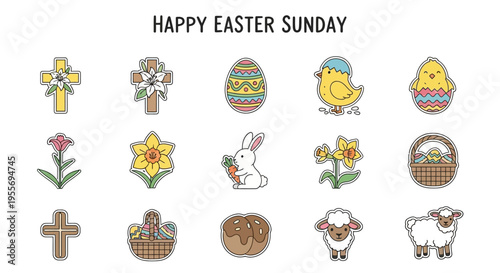 Happy Easter Sunday iconography with Easter eggs, rabbits, chicks, flowers, and crosses for springtime celebrations