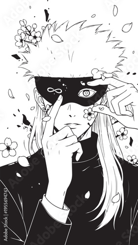 Black and white manga style illustration of a woman with a mask