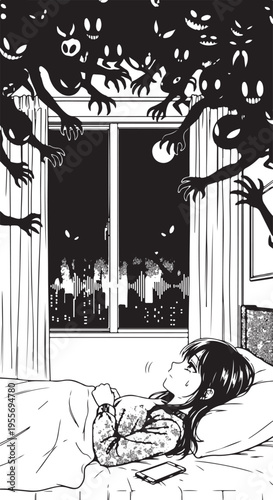 Halloween vector illustration of woman in bed with monsters outside window