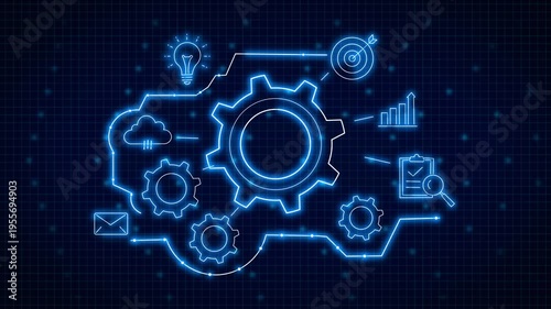 Digital System Automation concept. Futuristic glowing blue gear surrounded by connected technology icons such as cloud computing, analytics, target, email on a dark grid background.  smart technology 