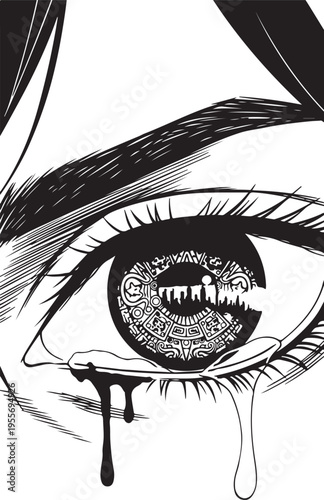 Black and white vector illustration of crying eye with ornate iris