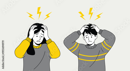 Minimalist line art vector icon man and woman with headache suffering from stress on white background