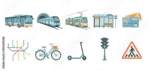 Public transportation and urban mobility icon set with a bus, train, tram, bicycle, scooter, and traffic signs in a flat vector illustration style for city life concepts