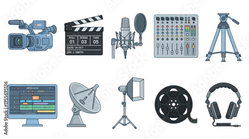 Set of video production and filmmaking equipment icons including a camera, clapperboard, microphone, mixer, and film reel in a flat cartoon illustration style for media concepts