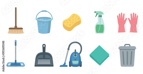 Set of household cleaning equipment icons including a broom, mop, vacuum cleaner, bucket, and spray bottle, illustrated in a simple and colorful flat design vector graphic style
