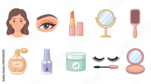 Colorful collection of cartoon beauty icons featuring a woman's face, lipstick, mascara, perfume, nail polish, face cream, mirror, and hairbrush in a flat vector style