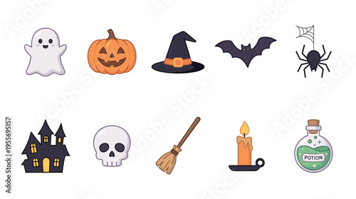Collection of cute cartoon Halloween icons featuring a ghost, pumpkin, witch hat, bat, spider, haunted house, skull, broomstick, candle, and a green potion in a festive, spooky style