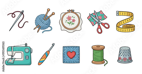 Colorful cartoon collection of sewing and needlework tools including a sewing machine, yarn, scissors, and embroidery hoop in a charming hand-drawn illustration style