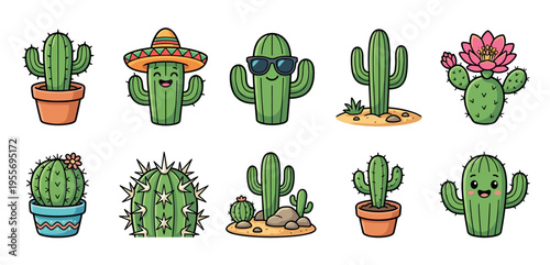 Collection of ten adorable cartoon cactus mascots with happy faces, wearing a sombrero and sunglasses, including flowering prickly pear and saguaro succulents in pots and sand
