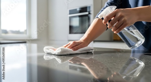 A hand uses a white cloth to wipe down a shiny black kitchen counter, with a spray bottle.