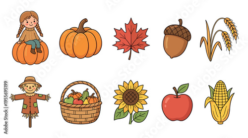 Charming collection of autumn harvest illustrations featuring a cute girl on a pumpkin, a scarecrow, a basket of vegetables, a sunflower, corn, an apple, wheat, and an acorn