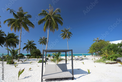 Luxury beach daybed with canopy on white sand beach with palm trees and turquoise ocean, Maldives tropical resort