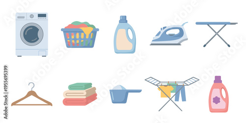 Collection of laundry and clothing care items including a washing machine, detergent, iron, and basket of clothes in a flat vector illustration style for household chore concepts