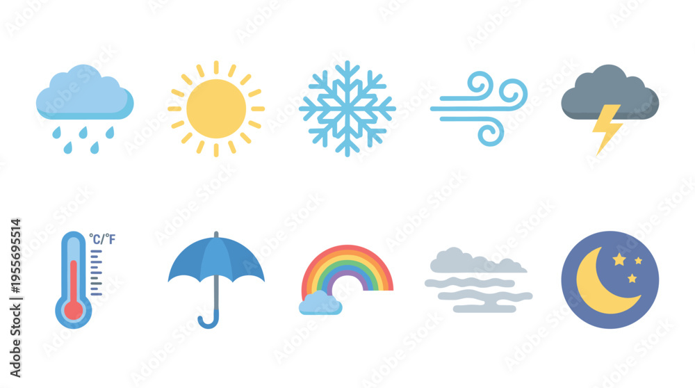 Fototapeta premium Collection of colorful weather forecast icons in a simple flat design, illustrating meteorological elements like sun, rain, snow, wind, storm, fog, and temperature