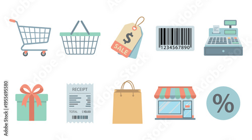 Colorful collection of flat design shopping and retail icons showing a cart, basket, sale tag, barcode, cash register, gift, receipt, bag, store, and percent sign