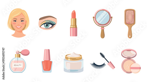 Collection of beauty and cosmetic icons including lipstick, mascara, perfume, and skincare products for a daily routine, presented in a flat vector illustration style