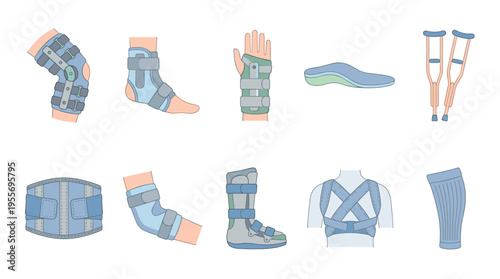 Collection of orthopedic medical support devices including a knee brace, ankle splint, crutches, and posture corrector shown in a flat cartoon illustration style for rehabilitation concepts